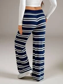 SHEIN Tall Women's Tall Navy Striped Knit Casual-Work Trousers - Navy Blue - View 9
