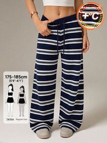 SHEIN Tall Women's Tall Navy Striped Knit Casual-Work Trousers - Navy Blue - View 3