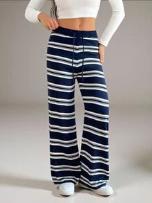 SHEIN Tall Women's Tall Navy Striped Knit Casual-Work Trousers - Navy Blue - View 7