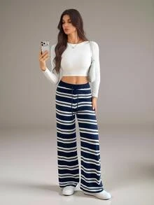 SHEIN Tall Women's Tall Navy Striped Knit Casual-Work Trousers - Navy Blue - View 5