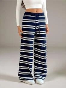 SHEIN Tall Women's Tall Navy Striped Knit Casual-Work Trousers - Navy Blue - View 2