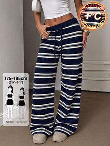 SHEIN Tall Women's Tall Navy Striped Knit Casual-Work Trousers - Navy Blue - View 1