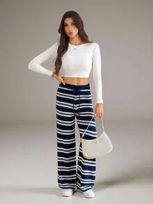SHEIN Tall Women's Tall Navy Striped Knit Casual-Work Trousers - Navy Blue - View 6