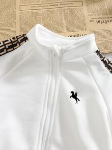 SHEIN 2 件套男婴/女婴休闲运动服，宽松字母图案印花装饰拉链夹克和裤子套装，适合外出、上学、聚会、秋冬返校服装，加厚羊毛 - 白色 - 查看 4