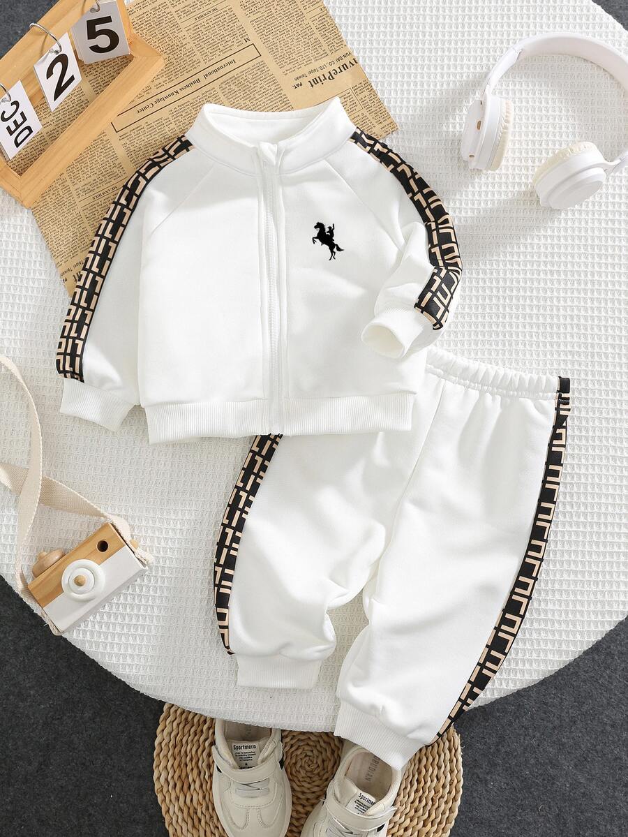 SHEIN 2 件套男婴/女婴休闲运动服,宽松字母图案印花装饰拉链夹克和裤子套装,适合外出、上学、聚会、秋冬返校服装,加厚羊毛 - 白色 - 查看 1