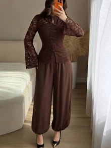 Modelyn Women's 2 Pieces Set With Elegant Fashionable Frog Button Lace Stand Collar Bell Sleeve Lantern Pants, Autumn/Winter - Brown - View 11