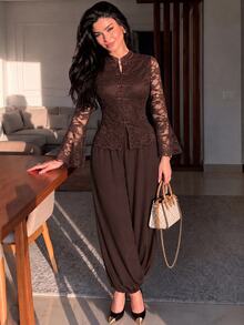 Modelyn Women's 2 Pieces Set With Elegant Fashionable Frog Button Lace Stand Collar Bell Sleeve Lantern Pants, Autumn/Winter - Brown - View 2