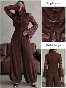 Modelyn Women's 2 Pieces Set With Elegant Fashionable Frog Button Lace Stand Collar Bell Sleeve Lantern Pants, Autumn/Winter - Brown - View 5