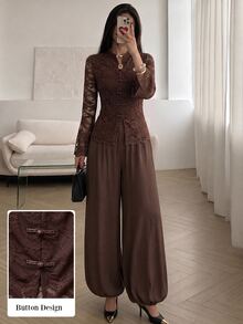 Modelyn Women's 2 Pieces Set With Elegant Fashionable Frog Button Lace Stand Collar Bell Sleeve Lantern Pants, Autumn/Winter - Brown - View 9