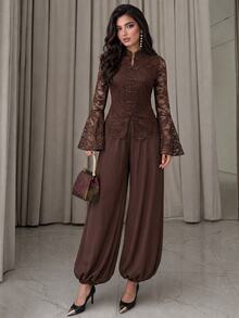 Modelyn Women's 2 Pieces Set With Elegant Fashionable Frog Button Lace Stand Collar Bell Sleeve Lantern Pants, Autumn/Winter - Brown - View 6