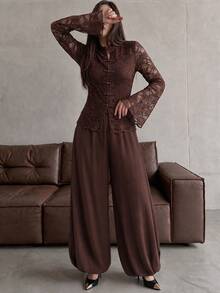 Modelyn Women's 2 Pieces Set With Elegant Fashionable Frog Button Lace Stand Collar Bell Sleeve Lantern Pants, Autumn/Winter - Brown - View 7