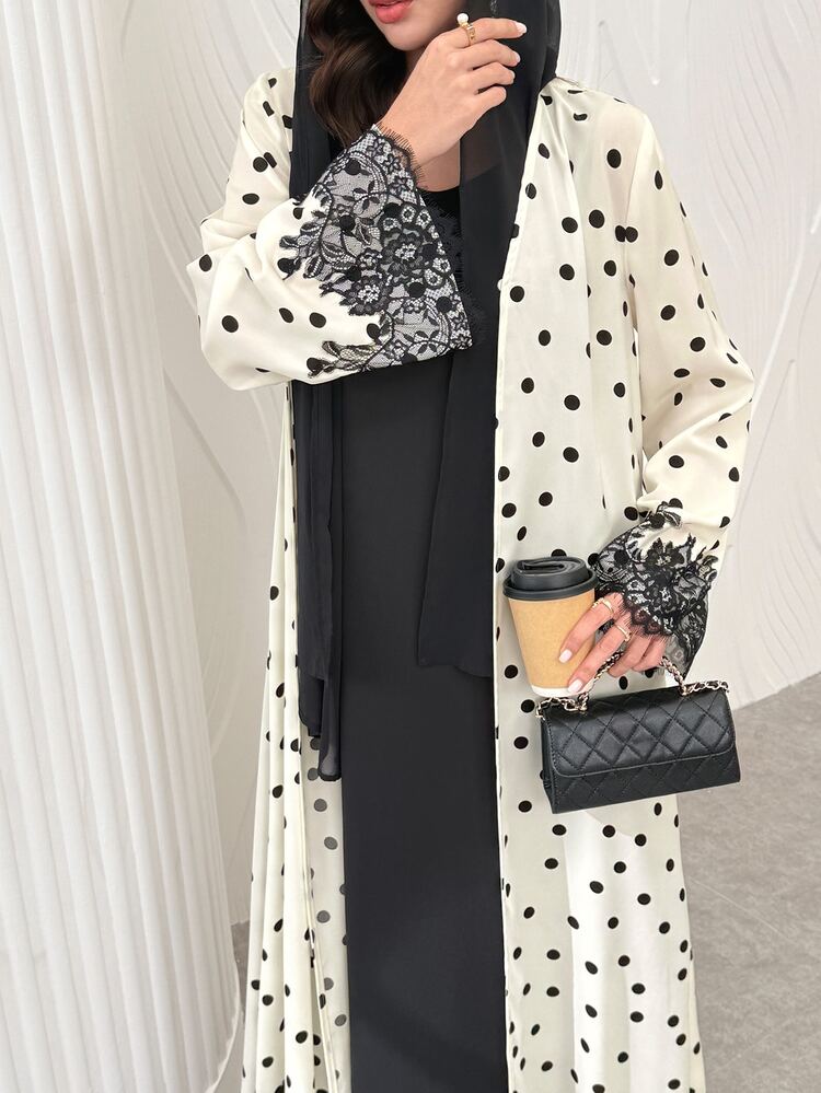 Al Najma 春秋女款V領波點印花拼接蕾絲緞帶鉤扣優雅長袍，日常約會穿搭 - 彩色 - 查看 4