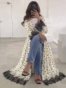 Al Najma عباية نسائية أنيقة للربيع والخريف بياقة V وطبعة نقاط مع تفاصيل دانتيل وشريط وخطاف وإبزيم، إطلالة يومية للمواعيد - متعدد الألوان - مشاهدة 8