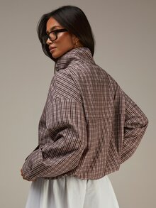 Athîral 女士休闲格子印花长袖外套 - 棕色 - 查看 2