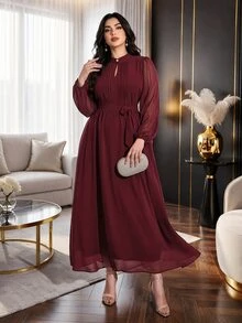 Modelyn Plus Size Elegant Solid Color Dress For Party - Burgundy - View 7