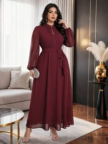 Modelyn Plus Size Elegant Solid Color Dress For Party - Burgundy - View 5
