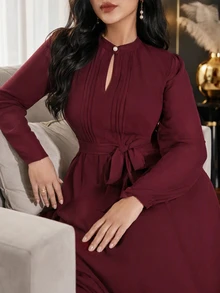 Modelyn Plus Size Elegant Solid Color Dress For Party - Burgundy - View 6