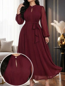 Modelyn Plus Size Elegant Solid Color Dress For Party - Burgundy - View 1