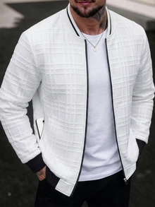 Manfinity CasualCool جاكيت بيسبول رجالي أبيض بنقشة مربعات منسوجة، جاكيت بيسبول بسحاب للخريف، علوي مبطن بنقشة جاكار، ملابس شارع كاجوال - أبيض - مشاهدة 4