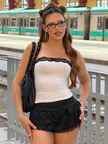 Vivi Wanderley Y2k Mini Shorts Rave Festival Outfits Extra Low Waist Ruffled Hem Metal Coating Women's Skort - Black - View 1
