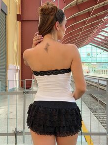 Vivi Wanderley Y2k Mini Shorts Rave Festival Outfits Extra Low Waist Ruffled Hem Metal Coating Women's Skort - Black - View 2