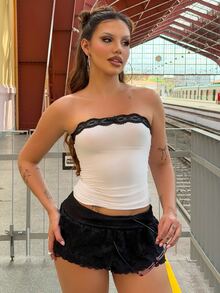 Vivi Wanderley Y2k Mini Shorts Rave Festival Outfits Extra Low Waist Ruffled Hem Metal Coating Women's Skort - Black - View 3