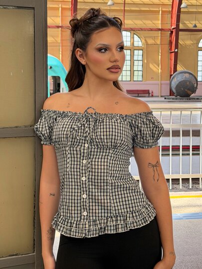 Vivi Wanderley Blouse à manches courtes avec volants et ceinture taille à carreaux pour femmes