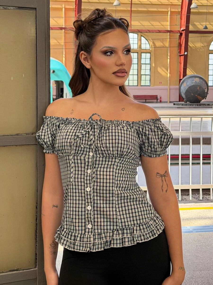 Vivi Wanderley 女士格子荷叶边系腰短袖衬衫 - 藏蓝色 - 查看 1