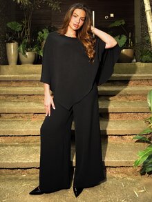 Vivi Wanderley 2025秋冬新款女装休闲通勤棕色宽松单肩不规则上衣+高腰阔腿裤两件套,适合返校、乡村音乐会、返校节、万圣节、圣诞节、早午餐、外出、教堂礼拜、旅行、购物等场合。 - 黑色 - 查看 2