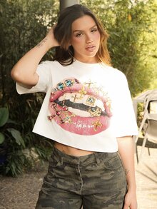 Vivi Wanderley Women's Fall Streetwear Daily Wear Vintage Y2K Going Out Hip-Hop Casual Oversized  Crop  Lips Graphic Tee - White - View 3