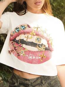 Vivi Wanderley Women's Fall Streetwear Daily Wear Vintage Y2K Going Out Hip-Hop Casual Oversized  Crop  Lips Graphic Tee - White - View 4