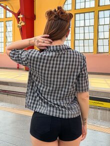 Vivi Wanderley Áo sơ mi nữ tay ngắn túi khóa kéo kẻ caro thời trang đường phố - màu đen - Xem 2