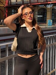 Vivi Wanderley Contrast Collar Puff Sleeve Tee,Crop Tops Women - Black - View 3