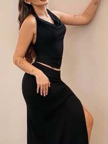 Vivi Wanderley 圆领露背吊带短款上衣和侧开衩裙套装 - 黑色 - 查看 4