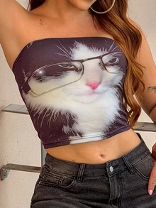 Vivi Wanderley 女式夏季可爱朋克猫眼镜设计抹胸上衣，黑色 - 彩色 - 查看 4