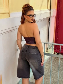 Vivi Wanderley 女式夏季可爱朋克猫眼镜设计抹胸上衣，黑色 - 彩色 - 查看 2