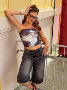 Vivi Wanderley 女式夏季可爱朋克猫眼镜设计抹胸上衣，黑色 - 彩色 - 查看 3