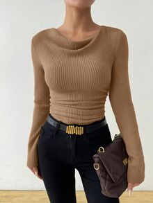 SHEIN Vintage Casual Elegant Asymmetrical Draped Neck Textured Ruched Fitted Long Sleeve T-Shirt Office Brunch Brown Autumn - Mocha Brown - View 7