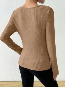 SHEIN Vintage Casual Elegant Asymmetrical Draped Neck Textured Ruched Fitted Long Sleeve T-Shirt Office Brunch Brown Autumn - Mocha Brown - View 5