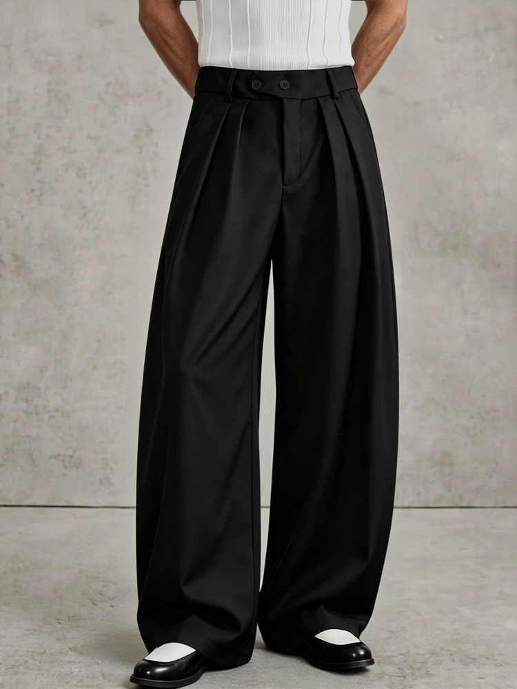 PAVTROS Men's Solid Color Pleated Loose Casual Wide Leg Pants - Black - View 5