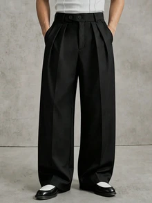PAVTROS Men's Solid Color Pleated Loose Casual Wide Leg Pants - Black - View 3