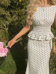 SHEIN MOD Conjunto de vestido elegante sin mangas con cintura ceñida y falda de sirena a lunares para mujer de talla grande, fiesta, vacaciones, vintage, vuelta al colegio, campus, a lunares - Multicolor - Ver 11