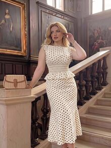 SHEIN MOD Conjunto de vestido elegante sin mangas con cintura ceñida y falda de sirena a lunares para mujer de talla grande, fiesta, vacaciones, vintage, vuelta al colegio, campus, a lunares - Multicolor - Ver 10