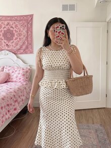 SHEIN MOD Conjunto de vestido elegante sin mangas con cintura ceñida y falda de sirena a lunares para mujer de talla grande, fiesta, vacaciones, vintage, vuelta al colegio, campus, a lunares - Multicolor - Ver 12