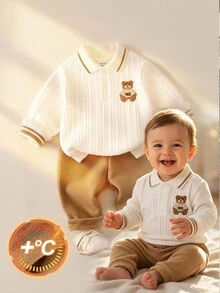 SHEIN Baby Boy Cartoon Bear Patchwork Lapel Long Sleeve Pullover Top & Elastic Waist Long Pants 2 Pieces Set - White - View 10