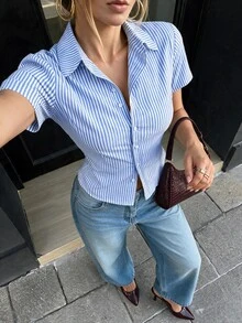 SHEIN 法式修身黄白条纹短袖优雅女士职业装衬衫 - 藍色 - 查看 2