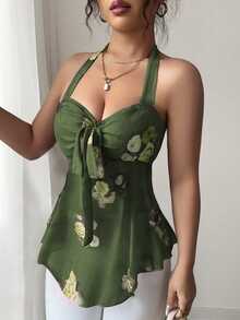 Elenzga 女士夏季吊带束腰休闲度假印花弹力网纱透视性感露肩吊带衫 - 綠色 - 查看 3