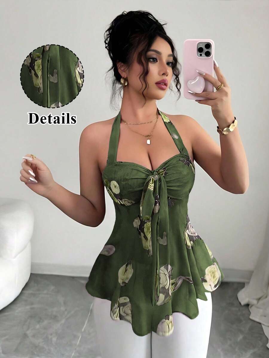 Elenzga 女士夏季吊带束腰休闲度假印花弹力网纱透视性感露肩吊带衫 - 綠色 - 查看 1