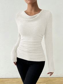 SHEIN Vintage Asymmetrical Draped Neck Distressed Texture Ruched Slim Fit Long Sleeve T-Shirt Fall Cloth For Women - White - View 6