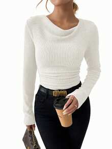 SHEIN Vintage Asymmetrical Draped Neck Distressed Texture Ruched Slim Fit Long Sleeve T-Shirt Fall Cloth For Women - White - View 4